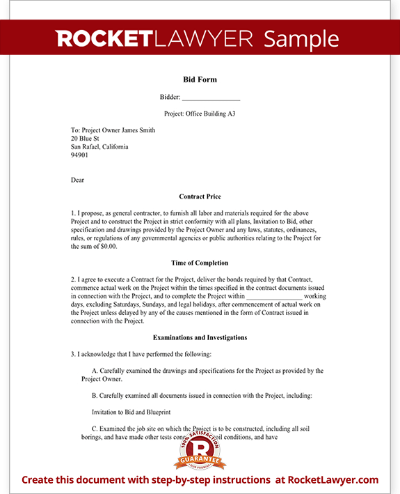 Bid Form Bid Proposal Template For Contractor Construction Efxczs
